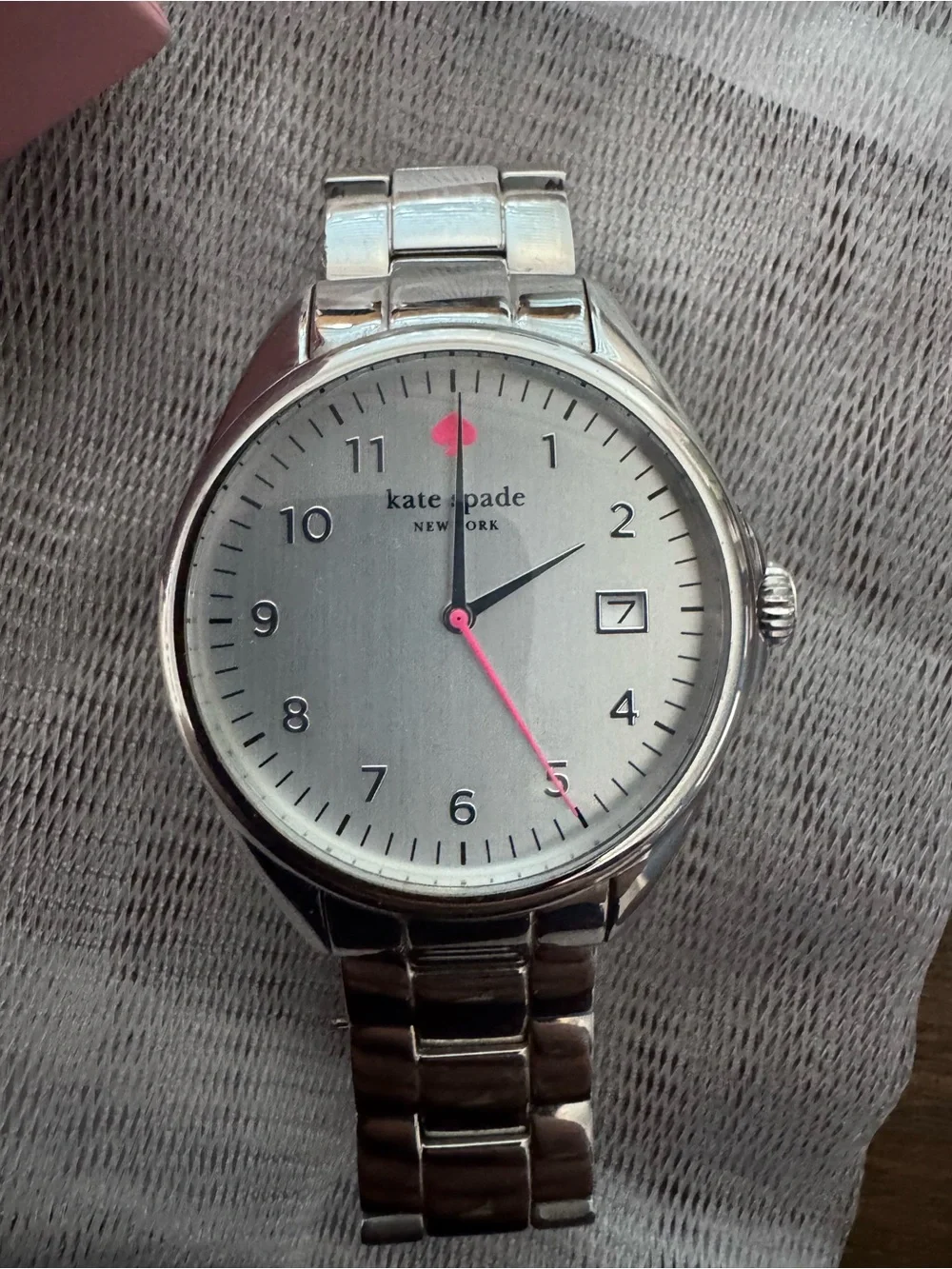 Kate Spade Women’s Silver Stainless Steel Watch with Pink Accents